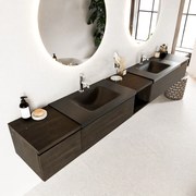 Mondiaz Bukla 280cm badmeubel met open module 40 midden Dark Brown met 4 lades wastafel Cloud dubbel 2 kraangaten Urban