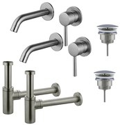 Fortifura Calvi Slim Wastafelkraanset - voor dubbele wastafel - inbouw wastafelkraan - always open plug - design sifon - Geborsteld RVS PVD (RVS) 2x SW377860/2x SW696207/2x SW696212
