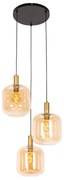 Smart hanglamp zwart met messing en amber glas 3-lichts incl. 3 Wifi G95 - Zuzanna