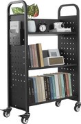 VEVOR Boekenwagen, draagvermogen 150 kg, Bibliotheekwagen, 77 x 38 x 122 cm, enkelzijdige V-vormige boekenplank met dubbele remwielen, Boekenplankwagen voor woonkamer, kantoor, school, zwart