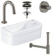 GROHE Euro fonteinset 37x18cm 1 kraangat zonder overloop gebogen brushed hard graphite kraan sifon afvoerplug handdoekhaak fontein Rechthoek wit sw99001/sw197129/sw228381/sw422353/sw444387/