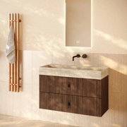 Muebles Murcia badmeubel ribbelfront 100cm walnoot met White Travertin wastafel zonder kraangat