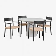 [*] Ronde Betontafelset (ø120 Cm) Noemi En 4 Eetkamerstoelen Van Eikenhout En Gevlochten Touw Mara Zand Grijs - Sklum