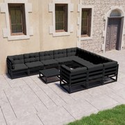 vidaXL 11-delige Loungeset met kussens massief grenenhout zwart