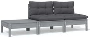 vidaXL 3-delige Loungeset met kussens massief grenenhout grijs