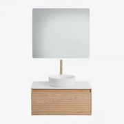 Tedrik Badkamermeubelset In Essenhout Ash Brown & Rond Keramiek Wit Ø40 Cm Lenka & Rechthoekige Led En Anticondens 80x70 Cm Gualar & Goud - Sklum