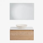 Tedrik Badkamermeubelset In Essenhout Ash Brown & Rond Cement Wit Ø40 Cm Zavion & Rechthoekige Led En Anticondens 100x70 Cm Tamsin & Zonder Kraan -