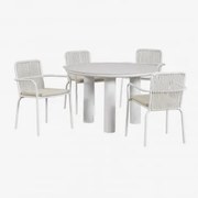Arken Ronde Tafelset, Ø120, Van Keramiek En Aluminium, En 4 Alberta Aluminium Eetkamerstoelen Met Armleuningen. Beige – Crème - Sklum