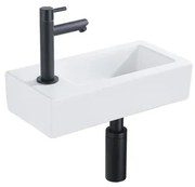 QeramiQ Fuente Fonteinset - 37.5x18.5x9cm - keramiek - kraangat links - fonteinkraan zwart mat - afvoerplug - verlaagd sifon - Glans wit SW1122449/SW696205/SW696215/SW696235