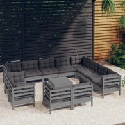 vidaXL 13-delige Loungeset met kussens massief grenenhout grijs