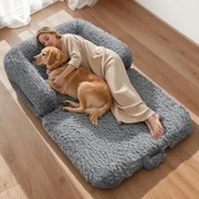 VEVOR Hondenmand voor mens en hond, 181x111x24cm, Hondenmand van traagschuim op mensenformaat, met zijvak, handvat en ritssluiting, afneembare, machinewasbare hoes, hoogpolig, donkergrijs