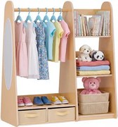 VEVOR Kinderkledingkast 98,5x40x106 cm, Kinderkledingkast met spiegel, kledingstang en planken, Verkleedkast met 2 stoffen lades voor meisjes, Kinderkledingkast voor verkleedpartijen, Slaapkamer, Natuurlijk hout