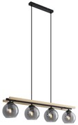 Smart hanglamp zwart met hout en smoke glas 4-lichts incl. Wifi A60 - Aleks