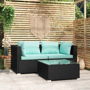 vidaXL 3-delige Loungeset met kussens poly rattan zwart