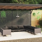 vidaXL 9-delige Loungeset met kussens poly rattan donkergrijs