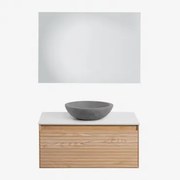 Tedrik Badkamermeubelset In Essenhout Ash Brown & Rond Grijs Cement Ø40 Cm Tarsis & Rechthoekige Led En Anticondens 100x70 Cm Tamsin & Zonder Kraan -