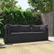 vidaXL 3-delige Loungeset met kussens poly rattan zwart