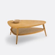 Vintage salontafel van eikenhout, fineer, vlechtwerk, Quilda