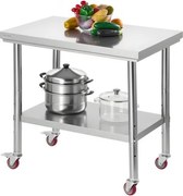 VEVOR RVS werktafel/keukentafel (90 x 60 cm) voor voedselbereiding met wielen, voorbereidingstafel met verstelbare onderplank voor commerciële keukens, restaurants, hotels, garages en buitengebruik