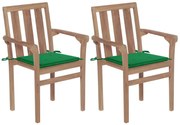 vidaXL Tuinstoelen 2 st met groene kussens massief teakhout