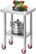 VEVOR RVS werktafel/keukentafel (61 x 45 cm) voor voedselbereiding met wielen, voorbereidingstafel met verstelbare onderplank voor commerciële keukens, restaurants, hotels, garages en buitengebruik