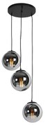 Art Deco hanglamp zwart met smoke glas 3-lichts - Pallon Art Deco E27 bol / globe / rond Binnenverlichting Lamp