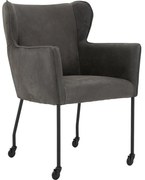 Goossens Excellent Eetkamerstoel Leogang zwart leer met armleuning en Zwart skater wiel met zwarte kapmet wielen, elegant chic