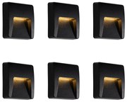 Set van 6 buiten wandlampen zwart vierkant incl. LED IP65 - Gem
