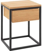 Goossens Nachtkastje Lord, Metaal ral 9005 zwart, met lade en bovenblad massief eik, 40 x 35 x 57 cm hoog