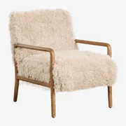 Fauteuil In Rubberhout En Synthetisch Haar Maylene Crème Beige Synthetisch Haar - Sklum