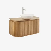 Badkamermeubelset Van Mangohout Analis Natuurlijk Hout & Rond Cement Wit Ø40 Cm Zavion & Spiegelloze & Chroom ↑30 Cm Met - Sklum