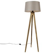 Landelijke tripod vintage hout met linnen kap taupe 45 cm - Tripod Classic Landelijk E27 Binnenverlichting Lamp