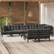 vidaXL 9-delige Loungeset met kussens massief grenenhout zwart