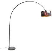 Booglamp zwart velours kap bloemen dessin 50 cm - XXL Modern E27 cilinder / rond rond Binnenverlichting Lamp