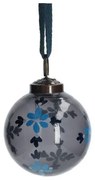 Kerstbal, beschilderd, blauw glas, bloemen, 7 cm