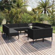 vidaXL 12-delige Loungeset met kussens poly rattan zwart