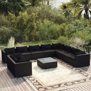 vidaXL 11-delige Loungeset met kussens poly rattan zwart