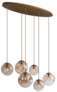 Eettafel / Eetkamer Art Deco hanglamp messing met ovale plafondplaat en amber glas 6-lichts - Douglass Art Deco E27 bol / globe / rond Binnenverlichting Lamp