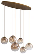 Eettafel / Eetkamer Art Deco hanglamp messing met ovale plafondplaat en amber glas 6-lichts - Douglass Art Deco E27 bol / globe / rond Binnenverlichting Lamp