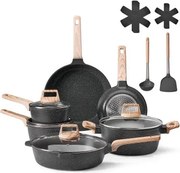 VEVOR Inductiepannenset (17 stuks) met glazen deksels, antiaanbak kookgerei, inductiekookpannen voor de camperkeuken om te frituren, sauzen te kruiden en te koken (zwart)