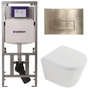 QeramiQ Dely Toiletset - 36.3x51.7cm - diepspoel - rimless - Geberit UP320 inbouwreservoir - softclose toilet zitting 35 mm - geborsteld messing bedieningsplaat - rechthoekige knoppen - mat wit SW1026254/SW1000767/0701131/SW706201