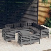 vidaXL 12-delige Loungeset met kussens massief grenenhout grijs