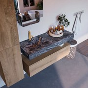 Mondiaz Alan DLux badmeubel 120cm washed oak 1 lade met wastafel lava links 1 kraangat