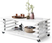 PORTO Wit glans - MODERNE KOFFIETAFEL MET LAMELLEN 2IN1, OP WIELEN/POTEN