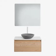 Tedrik Badkamermeubelset In Essenhout Ash Brown & Rond Grijs Cement Ø40 Cm Tarsis & Rechthoekige Led En Anticondens 80x70 Cm Gualar & Wit - Sklum
