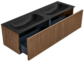 Mondiaz Kurve 150cm badmeubel walnut met 2 lades en wastafel big small dubbel 2 kraangaten urban