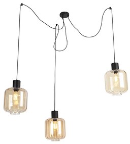 Design hanglamp zwart met amber glas 3-lichts 226 cm - Qara