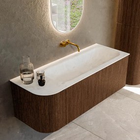 Mondiaz Kurve-dlux 125cm badmeubel ronding links walnut met 1 lade en deur en wastafel big medium rechts zonder kraangat opalo