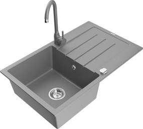 Mexen Bruno granieten gootsteen 1-komor met druiprek en keukenmengkraan Telma, grijs - 6513-71-670200-71