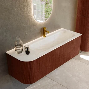 Mondiaz Kurve-dlux 135cm badmeubel ronding links ruby met 1 lade en deur en wastafel big medium kraangat rechts ostra